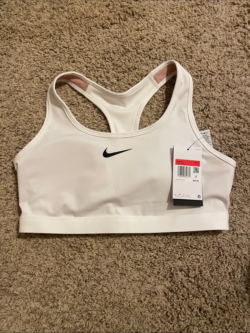 Nike White Racerback Light-Support Sports Bra with Black Swoosh